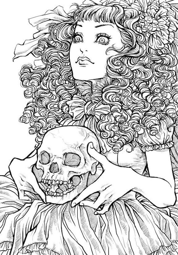 Desenhos de Garota Assustadora Segurando um Crânio para colorir