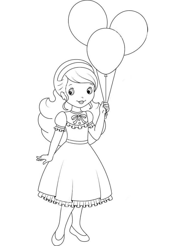 Garota de desenho Animado Segurando Balões para colorir