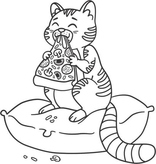 Gato comendo Pizza para colorir