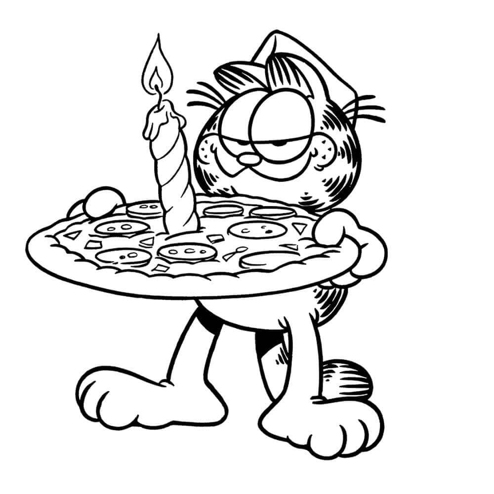 Gato de desenho Animado Comendo Pizza para colorir