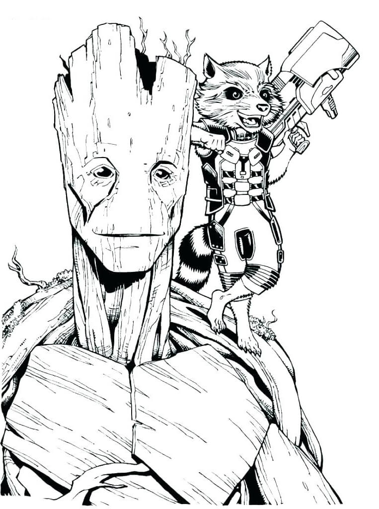 Desenhos de Groot com Rocket para colorir