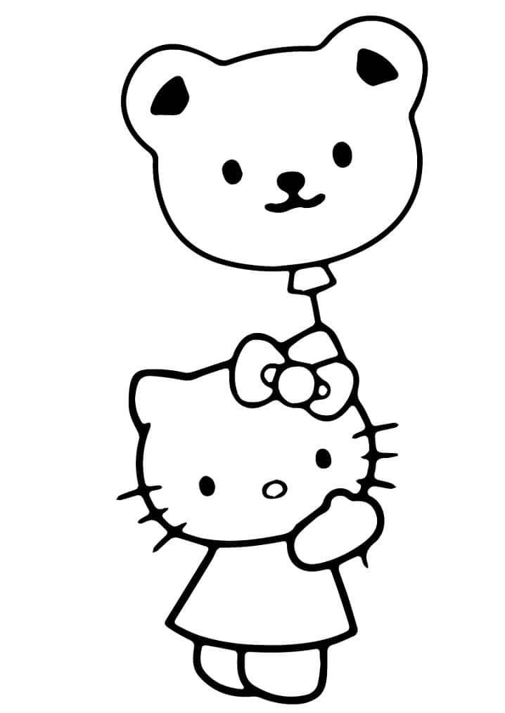 Desenhos de Hello Kitty Segurando Balão de Urso para colorir