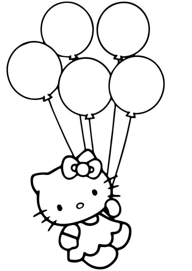 Desenhos de Hello Kitty Segurando Cinco Balões para colorir