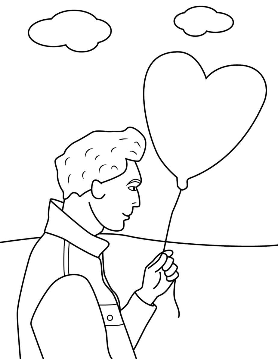 Desenhos de Homem segurando Balão de Coração para colorir
