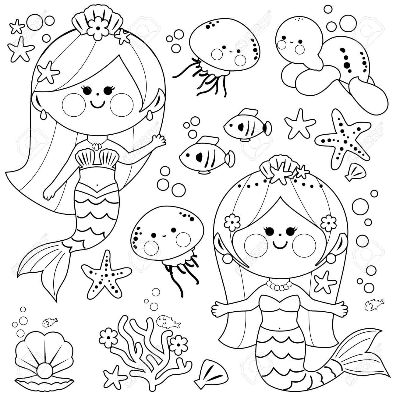 Desenhos de Lindas Sereias e Animais Marinhos para colorir