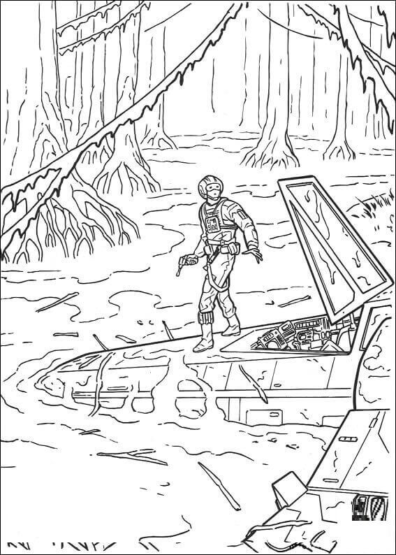 Luke Skywalker pousando em Dagobah para colorir