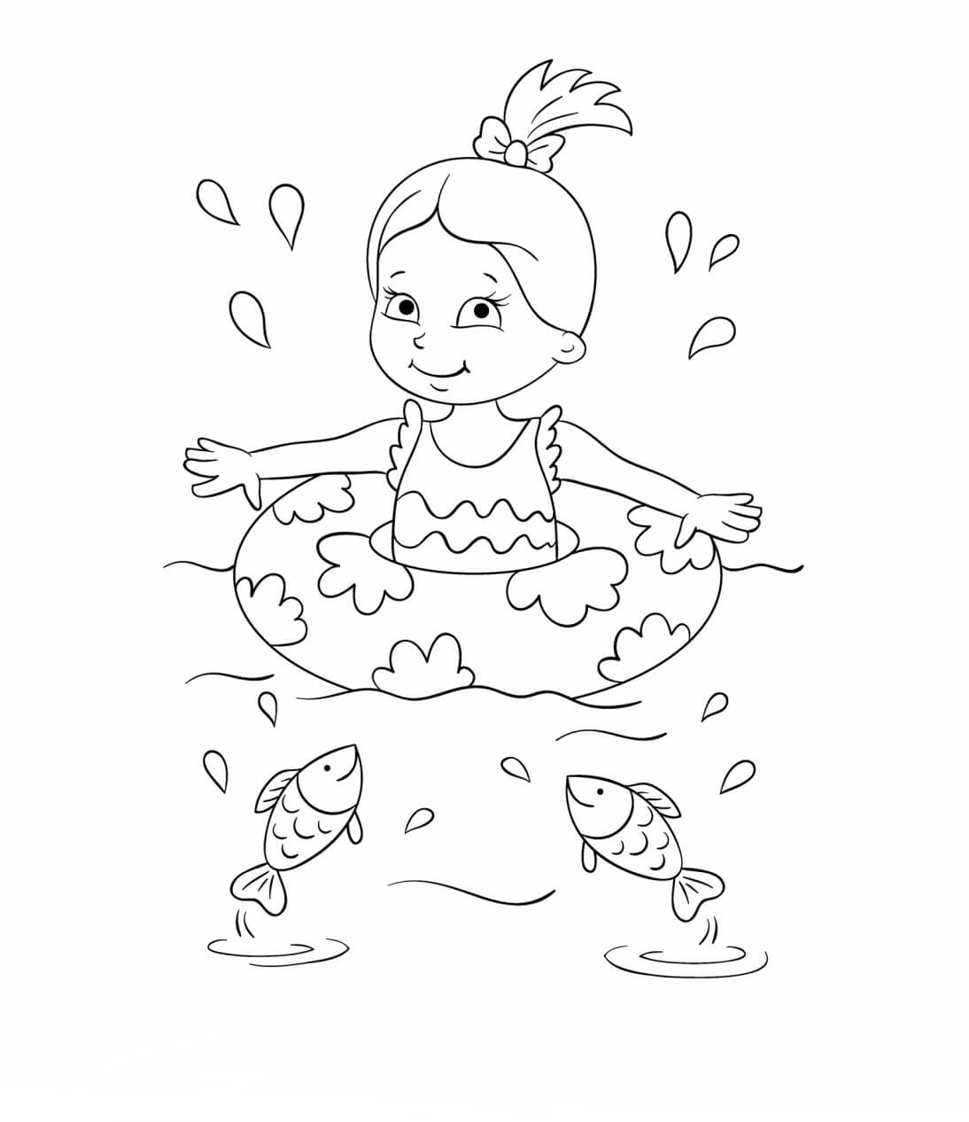 Menina Nadando e dois Peixes para colorir