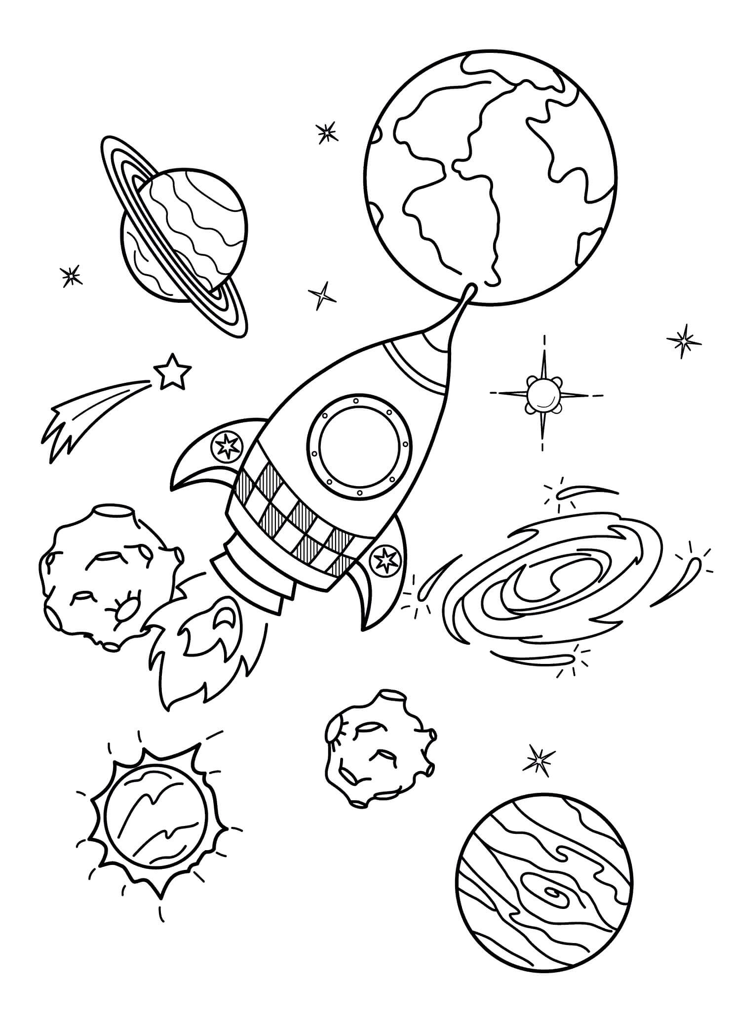 Desenhos de Nave Espacial Normal e Planetas para colorir