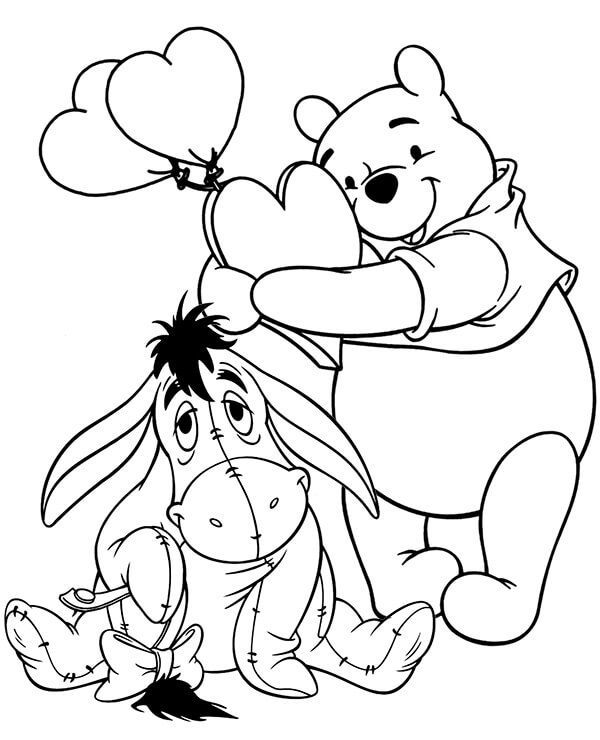 Desenhos de Pooh e Bisonho Fofos com Balão para colorir