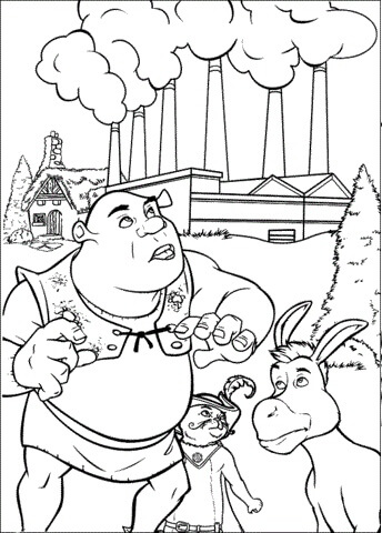Desenhos de Shrek com Burro e Gato para colorir