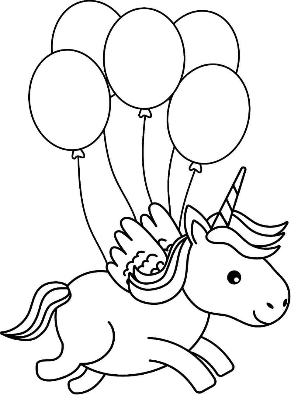 Desenhos de Unicórnio Sorridente com Cinco Balões para colorir