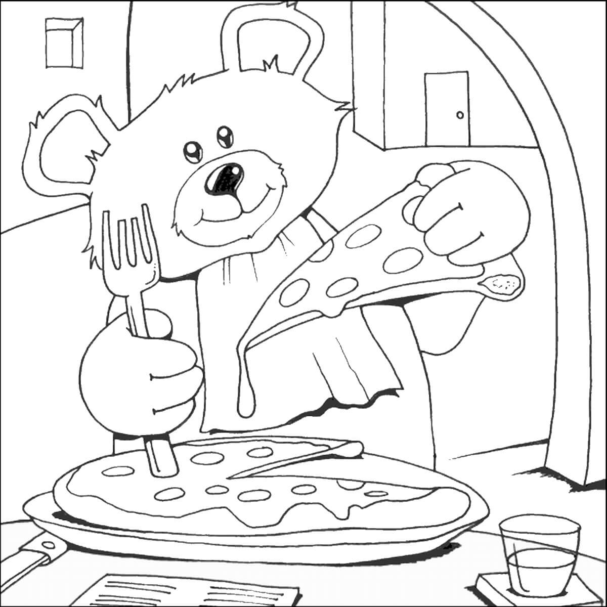 Urso comendo Pizza para colorir