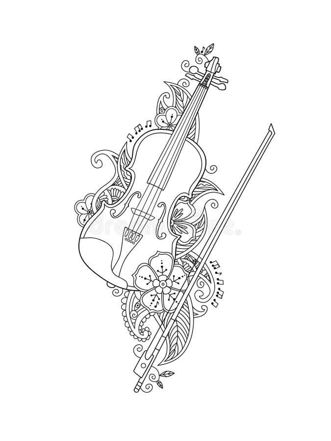 Desenhos de Violino e Arco com Flores para colorir