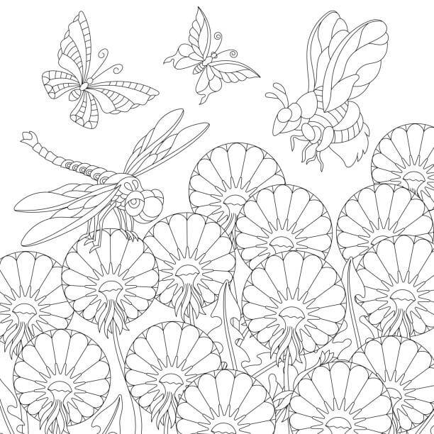 Abelha, Borboletas e Libélula com Flores para colorir