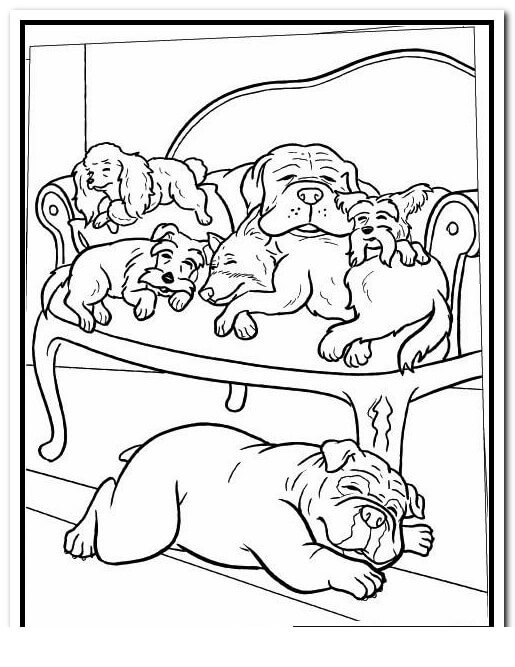 Desenhos de Cinco Cães Dormindo no Sofá para colorir