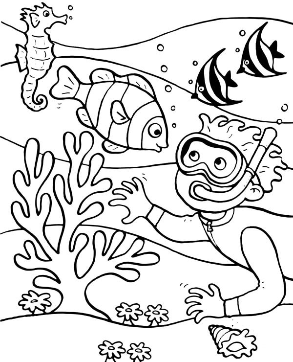 Desenhos de Coral, Menino e Peixe para colorir