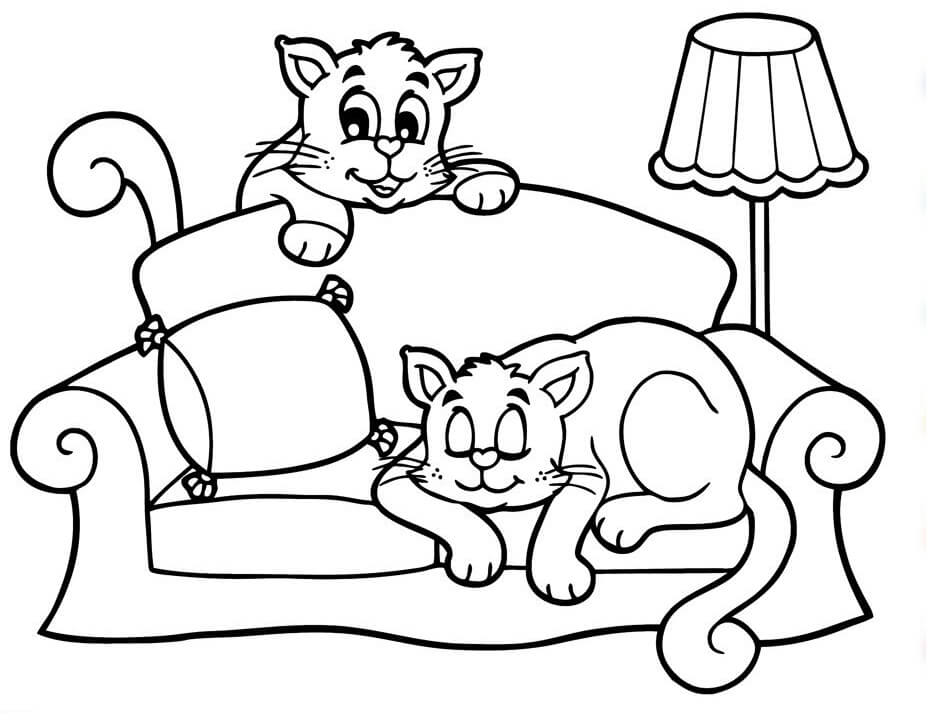 Desenhos de Dois Gatos Deitados no Sofá para colorir