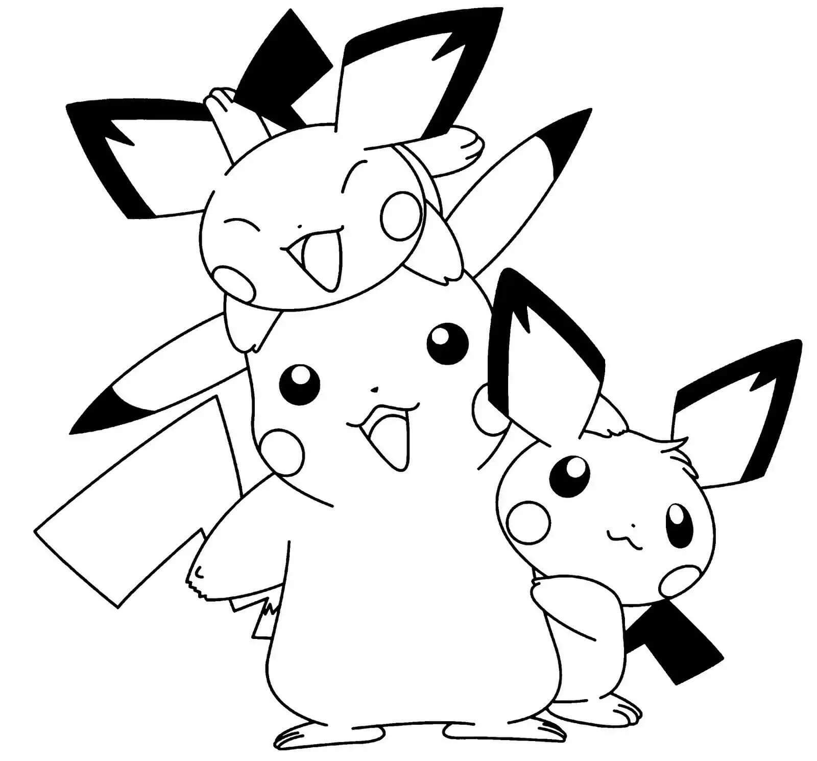 Dois Pichu e Pikachu Felizes para colorir