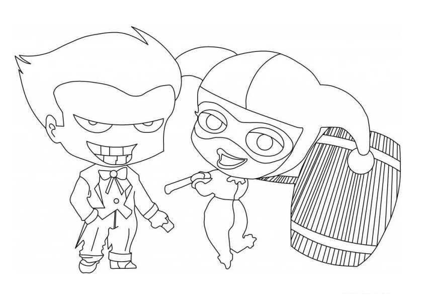 Desenhos de Pequeno Coringa e Pequena Harley Quinn para colorir