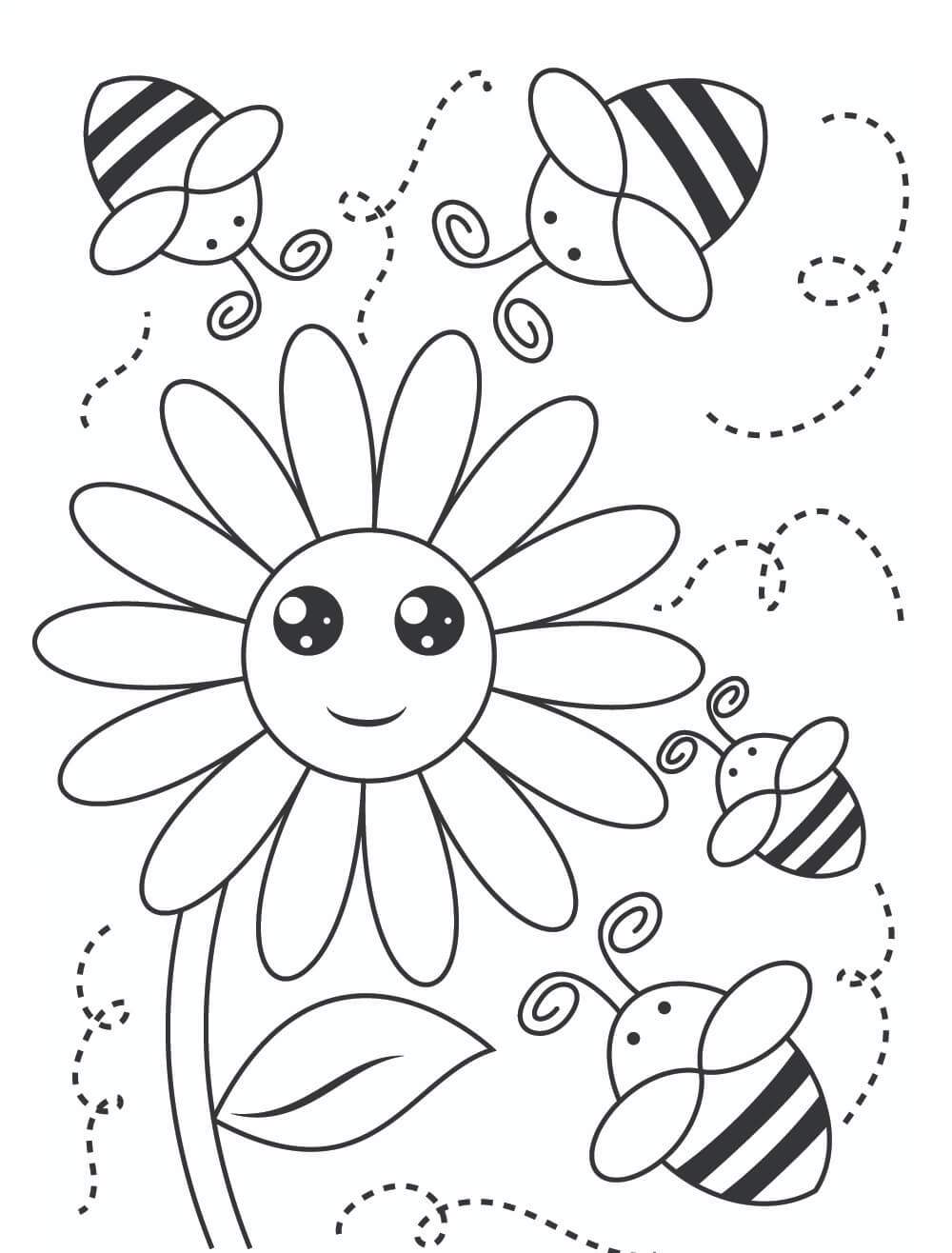Quatro Abelhas com Flor Sorridente para colorir