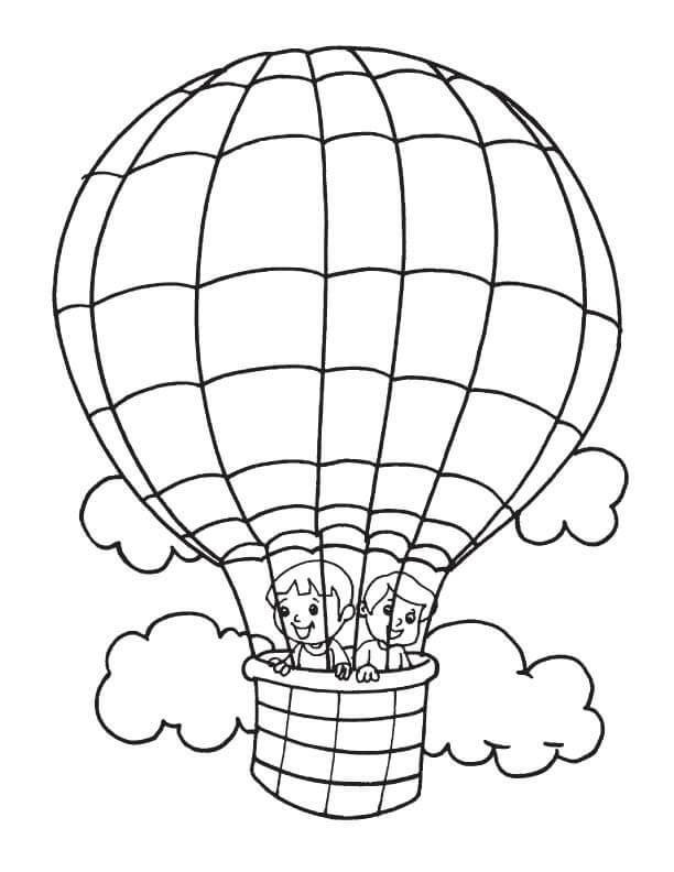 Desenhos de Duas Crianças em um Balão de ar Quente para colorir