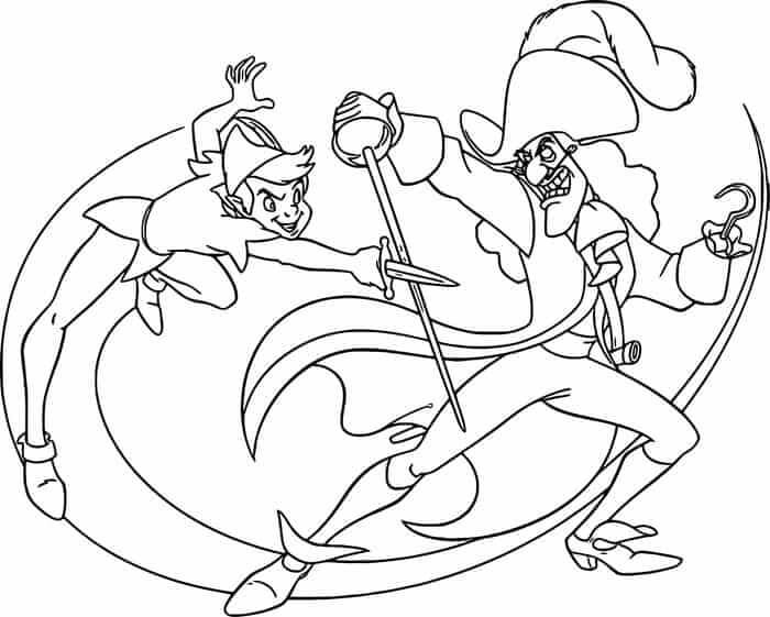 Desenhos de Peter Pan e o Capitão Gancho Lutando para colorir
