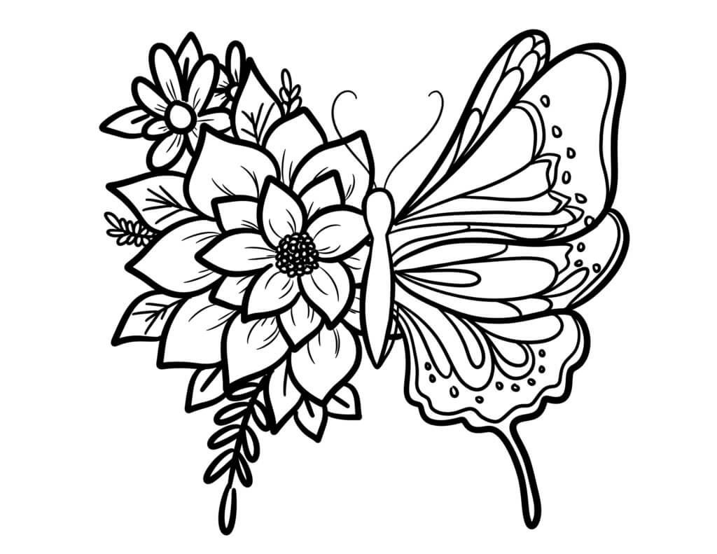 Desenhos de Borboleta com Flor para colorir