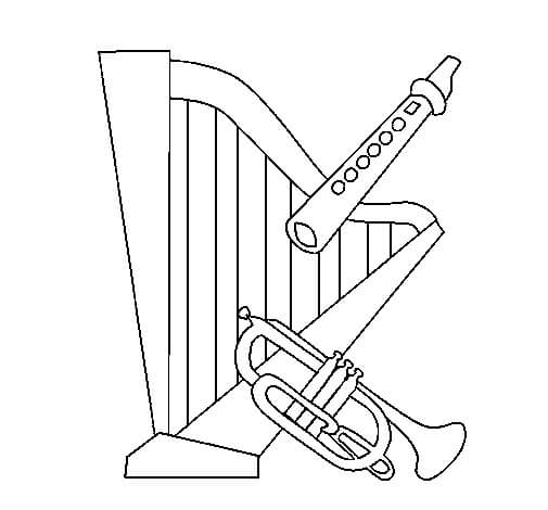 Desenhos de Harpa, Flauta e Trombeta para colorir
