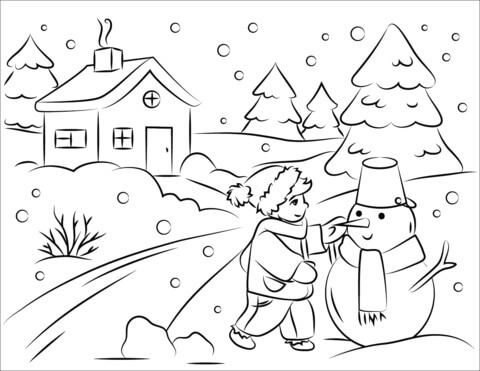 Desenhos de Menino Construindo Boneco de Neve para colorir