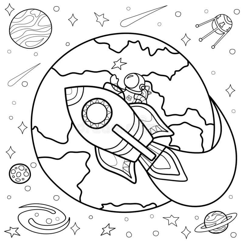 Desenhos de Astronauta em Foguete no Espaço para colorir