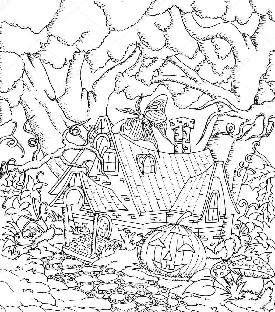 Desenhos de Casa de Fadas no Halloween para colorir