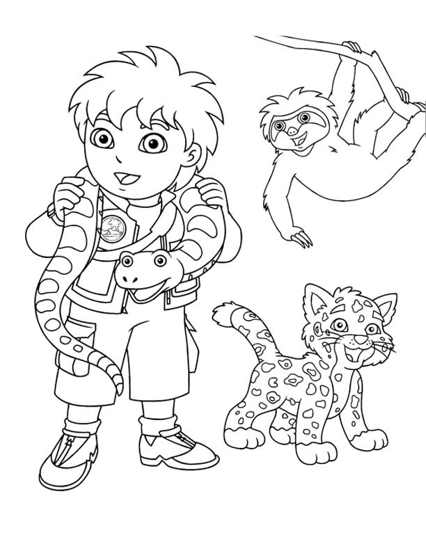 Desenhos de Diego e Três Animais para colorir