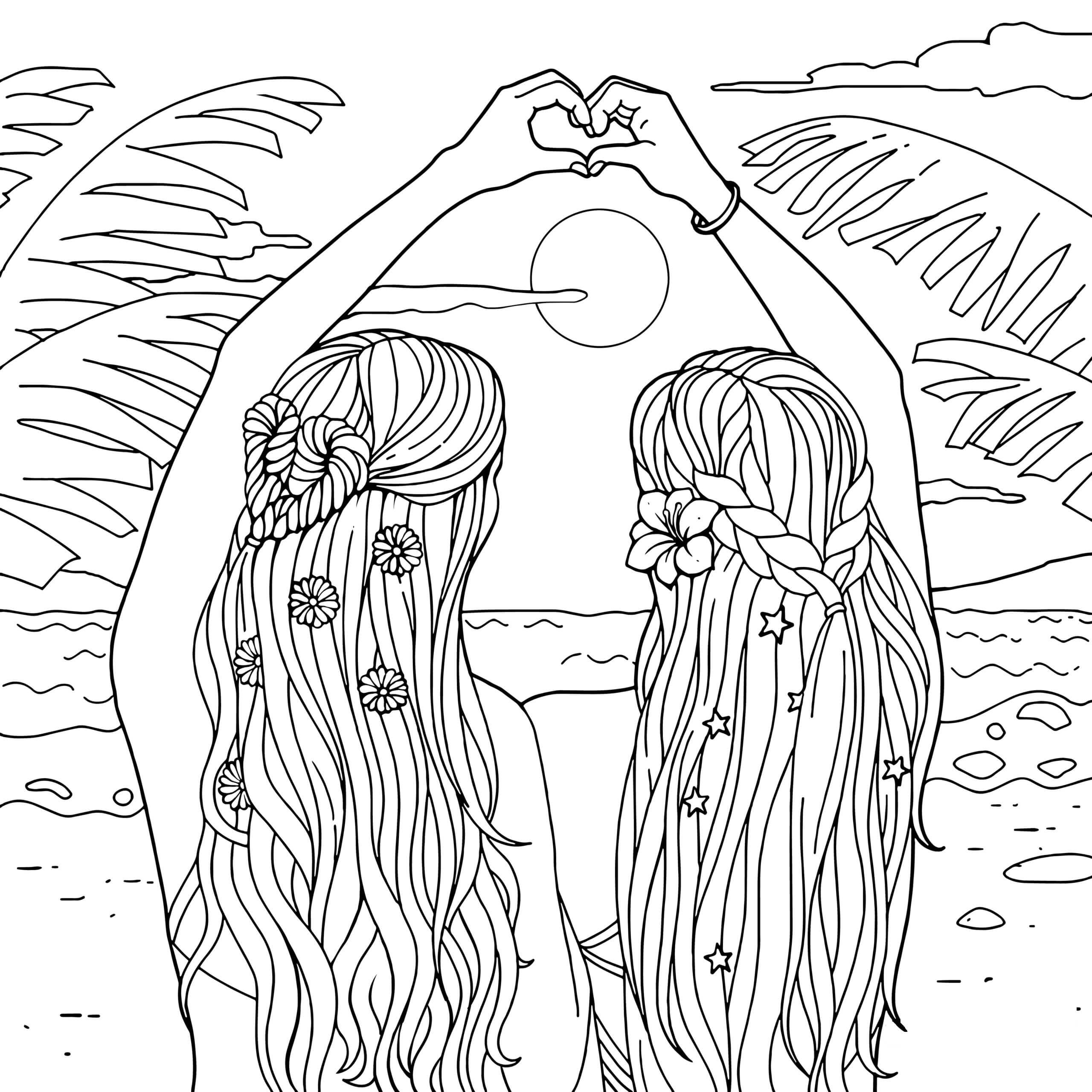 Desenhos de Duas Meninas Melhores Amigas na Praia para colorir