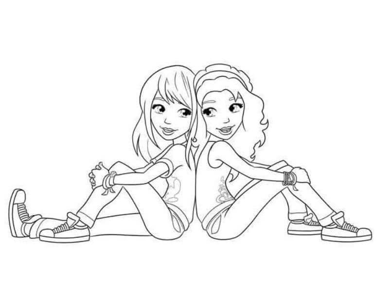 Desenhos de Duas Meninas Melhores Amigas Sentadas para colorir