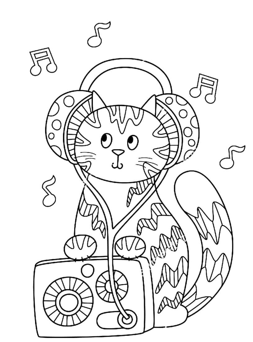 Desenhos de Gatinho Fofo com Rádio e Fones de Ouvido para colorir