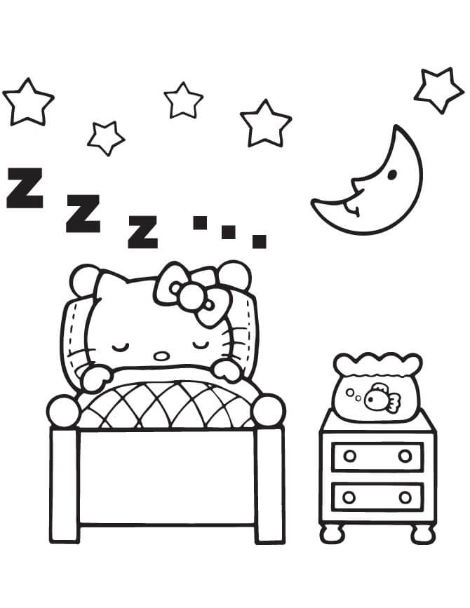Hello Kitty Dormindo no Quarto para colorir