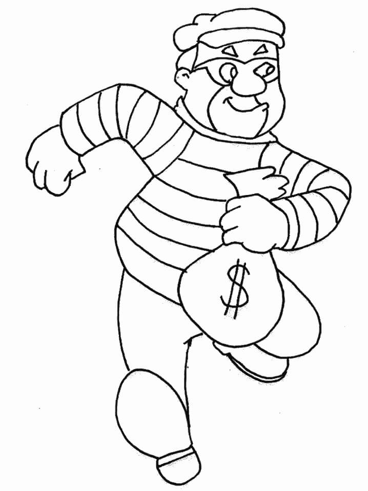Desenhos de Ladrão Segurando Saco de Dinheiro Correndo para colorir