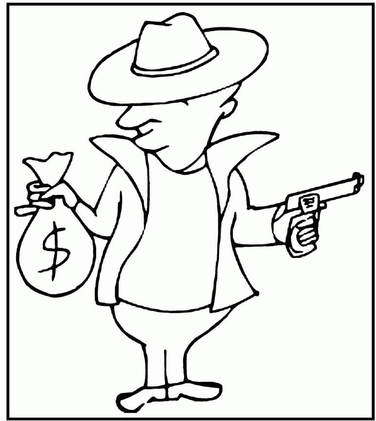Desenhos de Ladrão Segurando Saco de Dinheiro e Arma para colorir