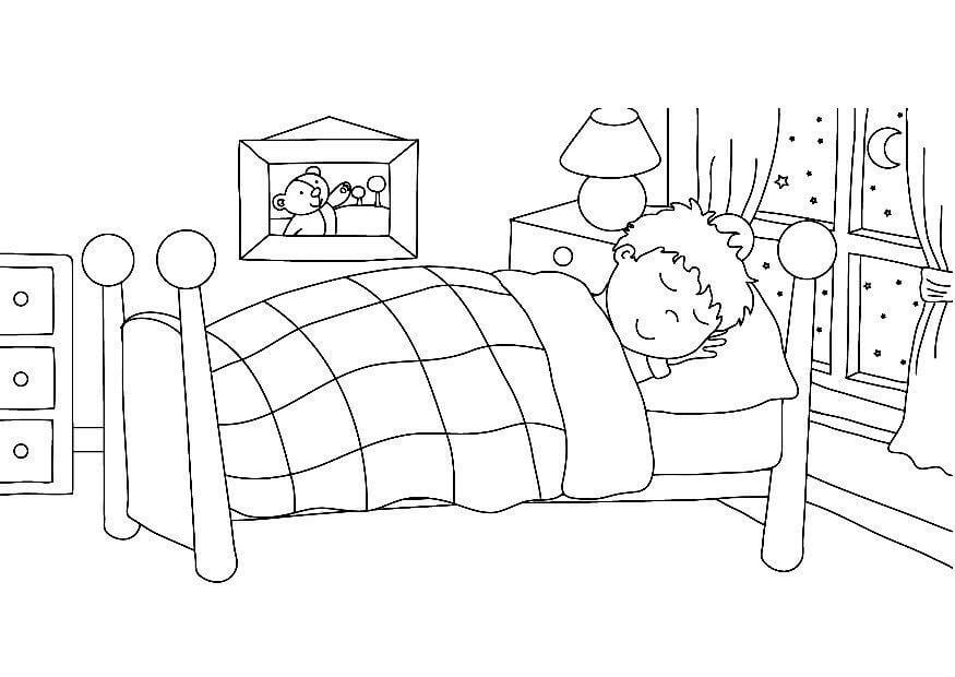 Desenhos de Menino Dormindo no Quarto para colorir