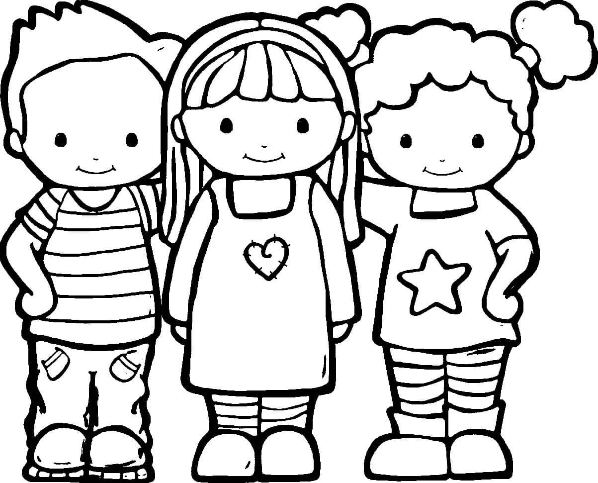 Três Crianças Melhores Amigas Sorrindo para colorir