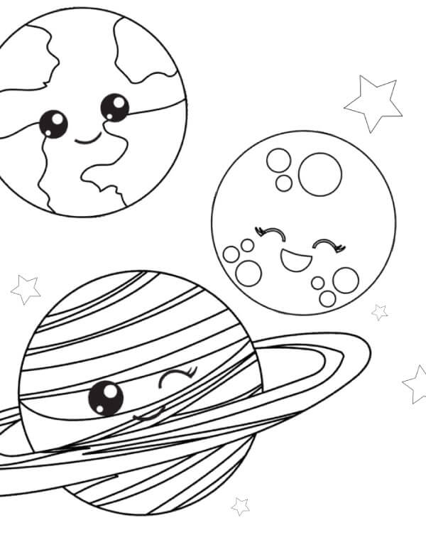 Três Planetas Sorrindo no Espaço para colorir
