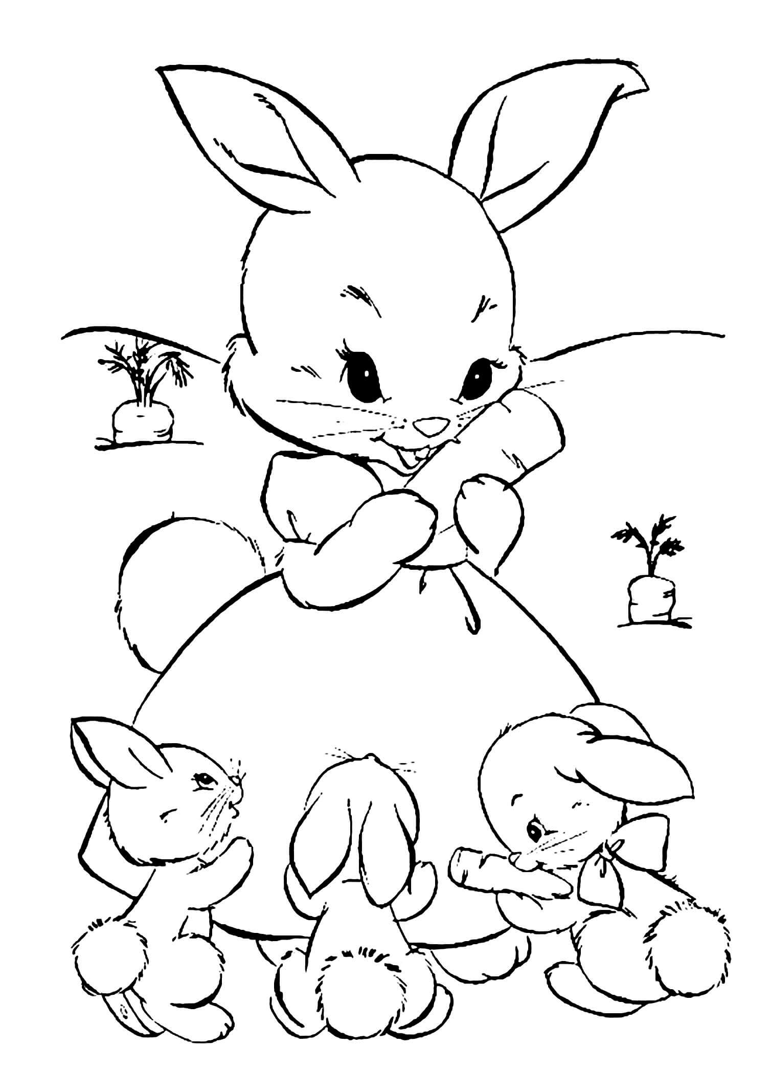 Desenhos de Coelhinho da mãe e três Coelhinhos do bebê com Cenouras para colorir