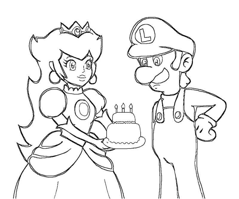 Desenho de Pêssego com bolo de Aniversário e Luigi para colorir