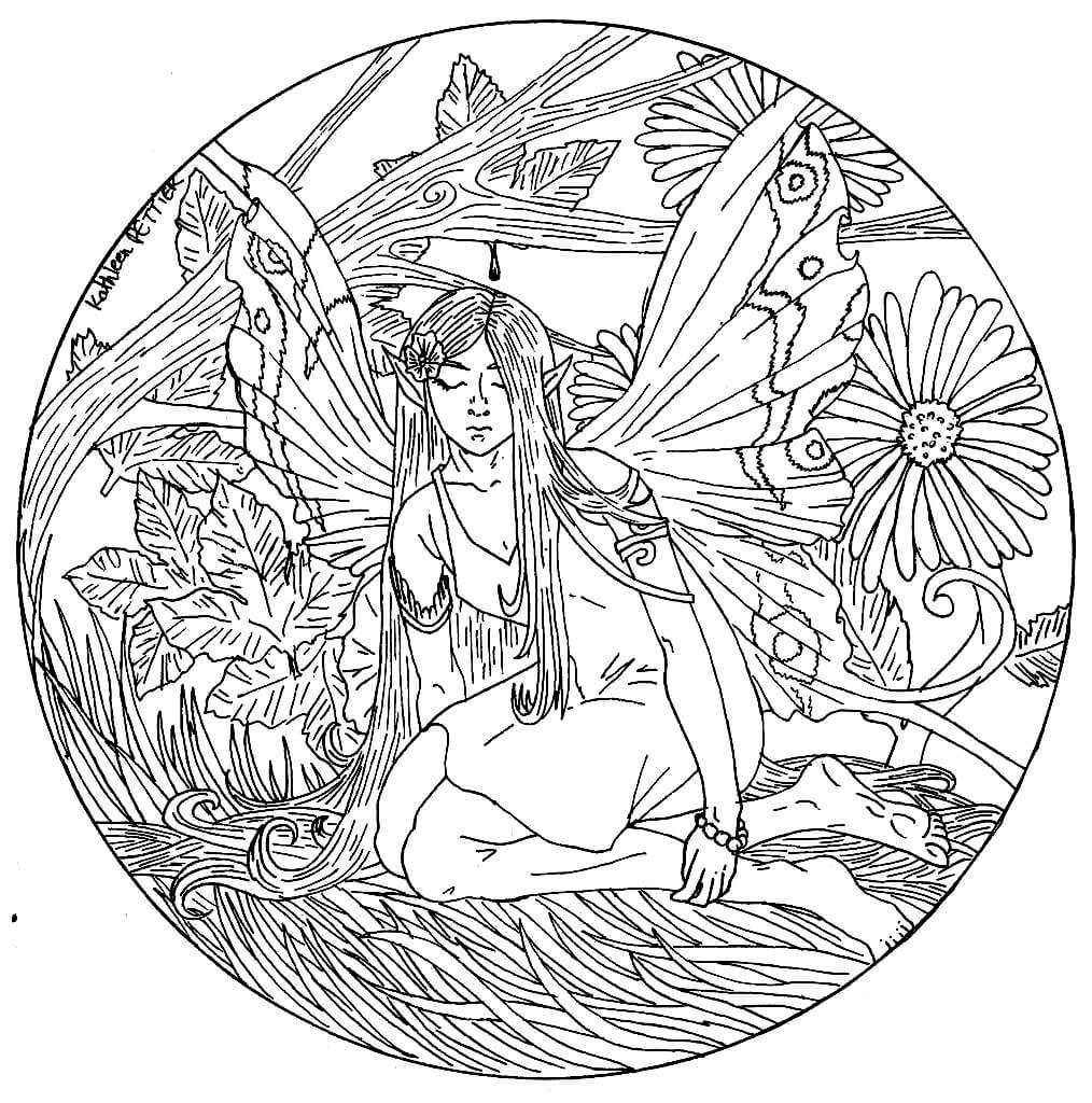 Desenhos de Fada com Flor de Mandala para colorir