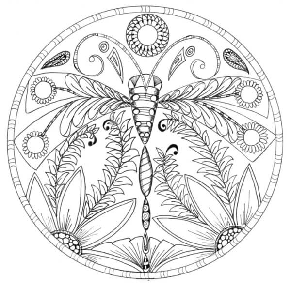 Desenhos de Libélula de Mandala Floral para colorir