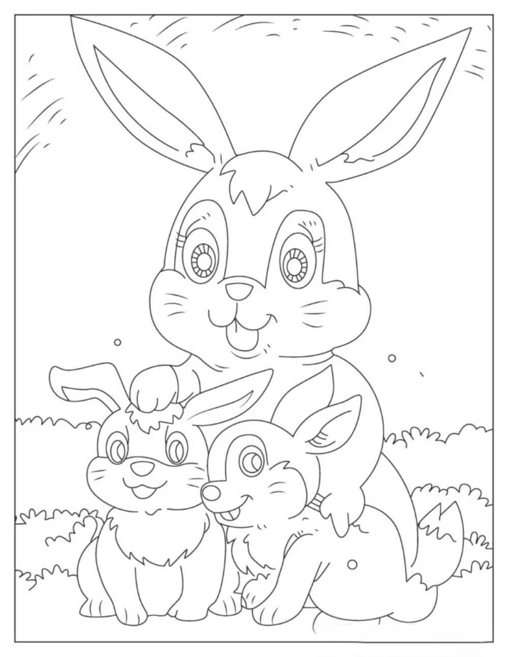 Desenhos de Mamãe Coelhinha e dois Bebês Coelhinhos para colorir