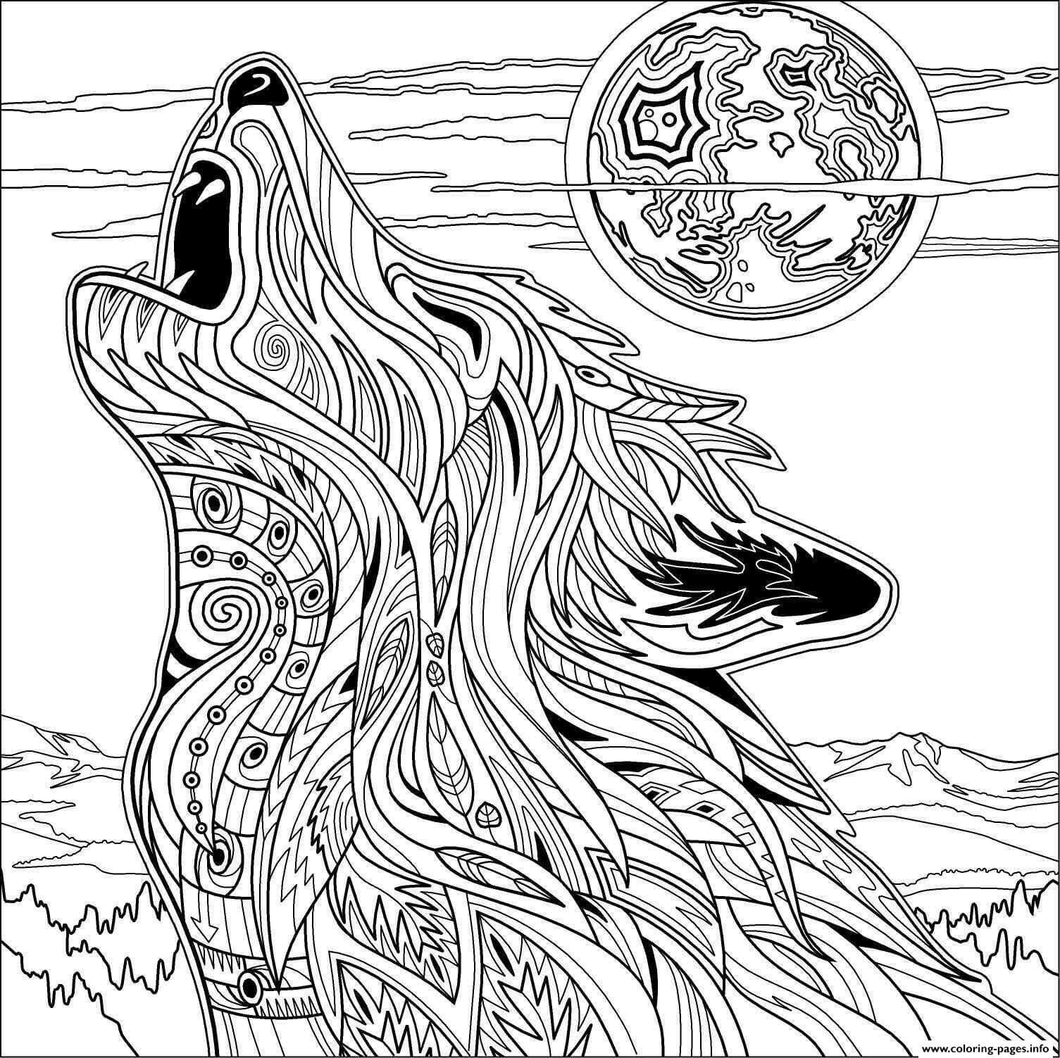 Desenhos de Mandalas cara Lobo Uivando para colorir
