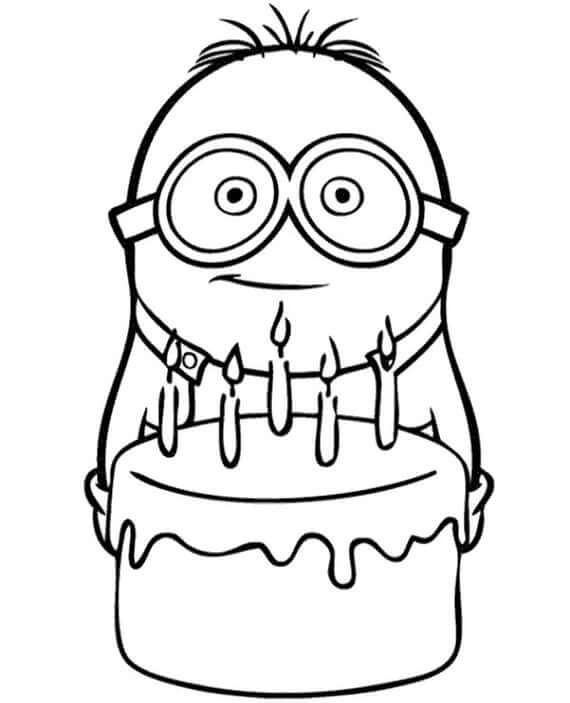 Desenhos de Minion Segurando o bolo de Aniversário para colorir