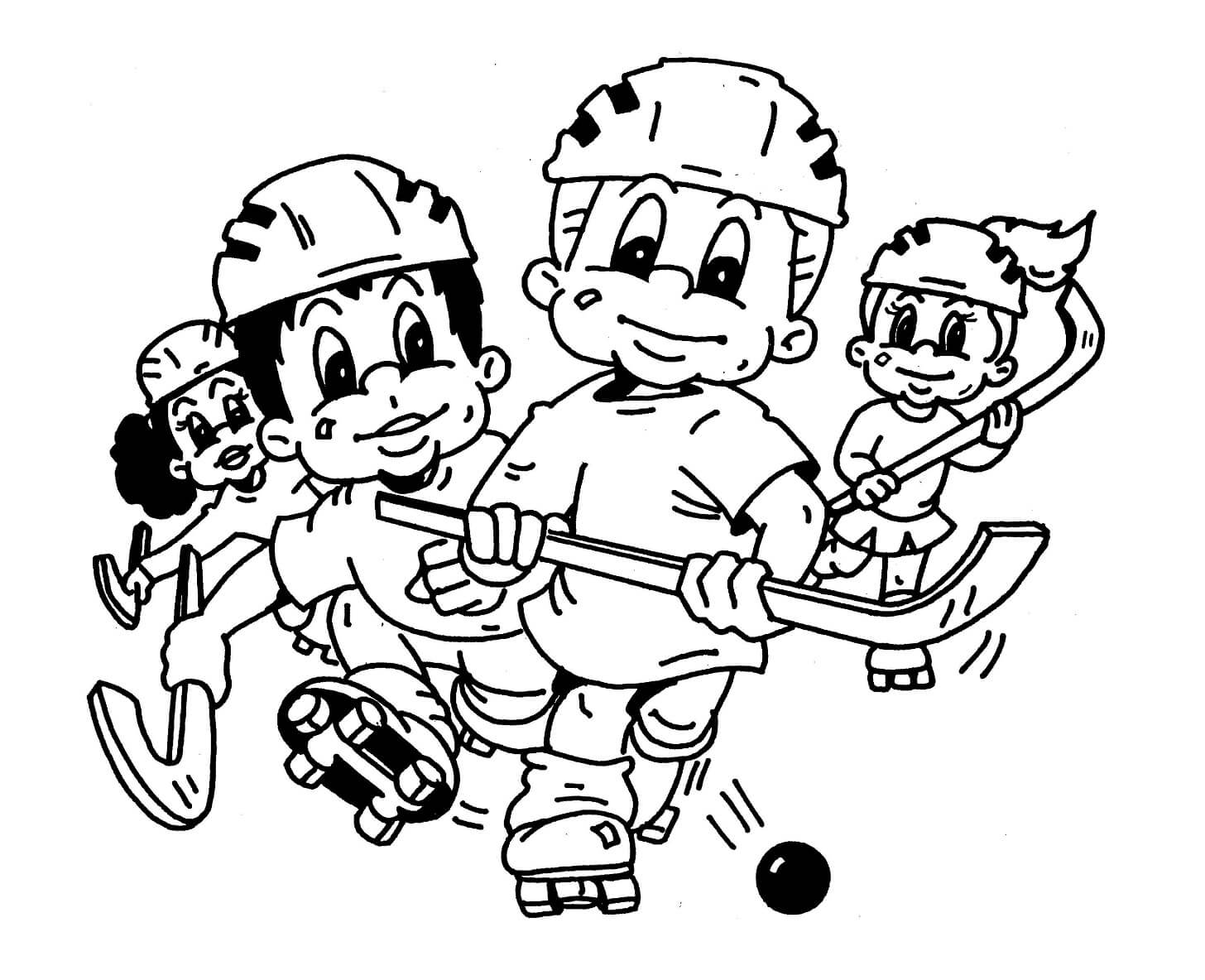 Quatro Crianças Brincando de Hóquei para colorir