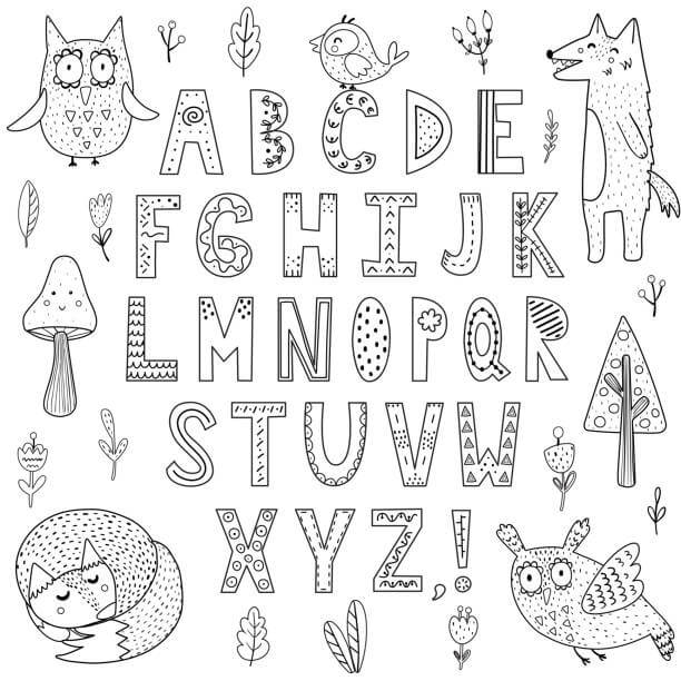 Desenhos de Alfabeto A a Z e Animais para colorir